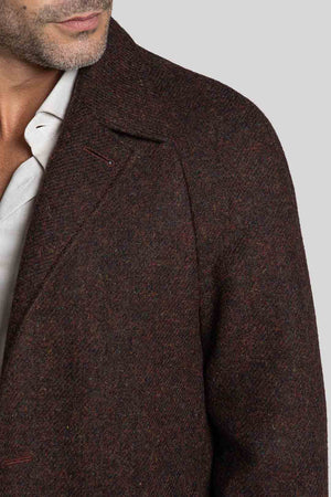 Shoulder and lapel details of Spitfire Rust Raglan Coat