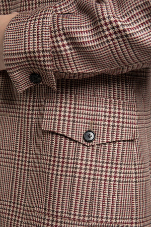 Sleeve's and pocket's details of A-Type Burgundy Glencheck Safari Jacket