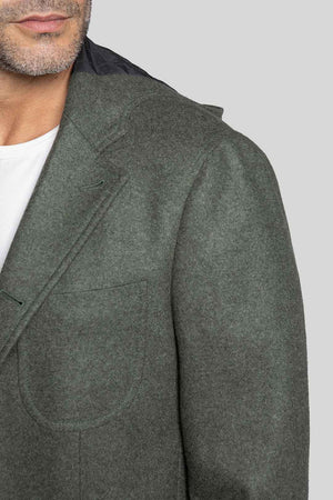 Shoulder and lapel details of Nimitz Green Flannel Hoodie Jacket