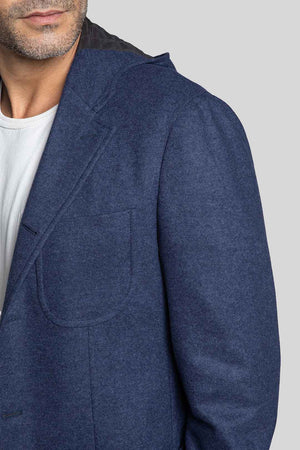 Shoulder and lapel details of Nimitz Light Blue Flannel Hoodie Jacket