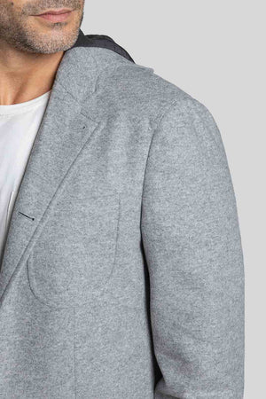 Shoulder, lapel and chest pocket details of Nimitz Light Grey Flannel Hoodie Jacket