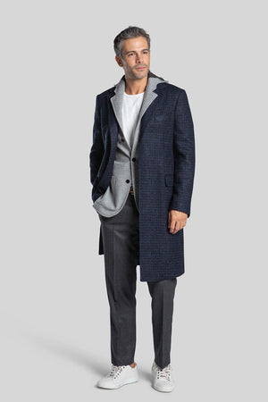 Front view of unbuttoned Rafale Blue Pattern Overcoat