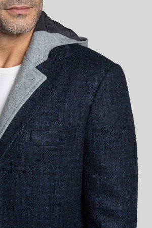 Shoulder, lapel and chest pocket details of Rafale Blue Pattern Overcoat