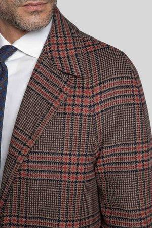 Shoulder and lapel details of Spitfire Overcheck Taupe Raglan Coat