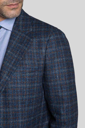 Shulder, lapel and chest pocket details of Zero Guncheck Light Blue & Brown Jacket