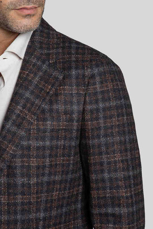 Shoulder, lapel and chest pocket details of Zero Overcheck Brown & Grey Jacket