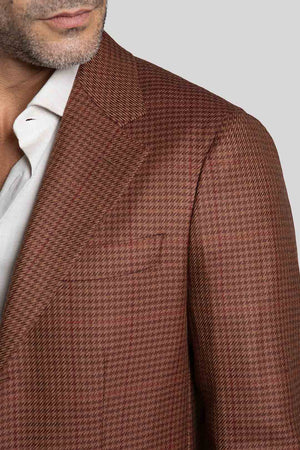 Shoulder, lapel and chest pocket details of Zero Rust Guncheck Jacket
